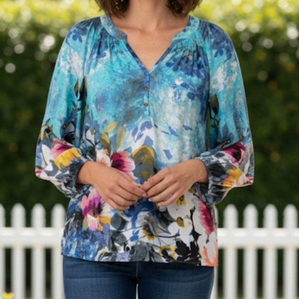 Investments Floral Blue Women's Top vibrant color size XL
